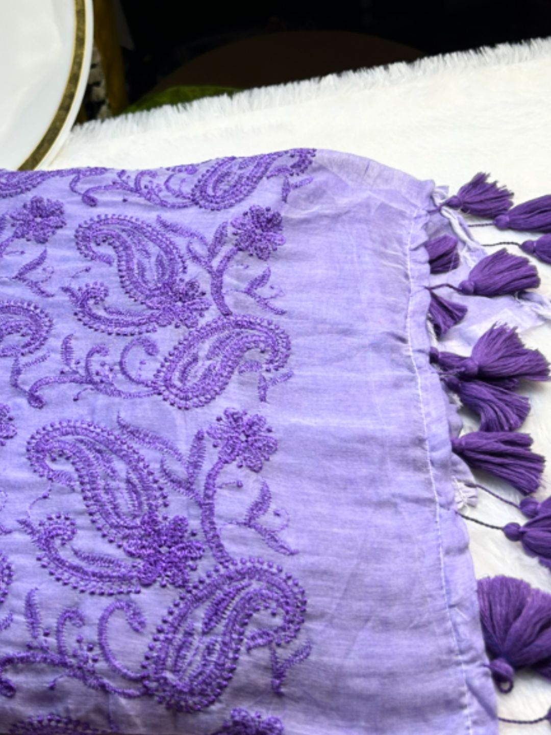 Lavender mul cotton chikankari saree with embroidered pallu and half pleats – full drape | Saviias Studioz