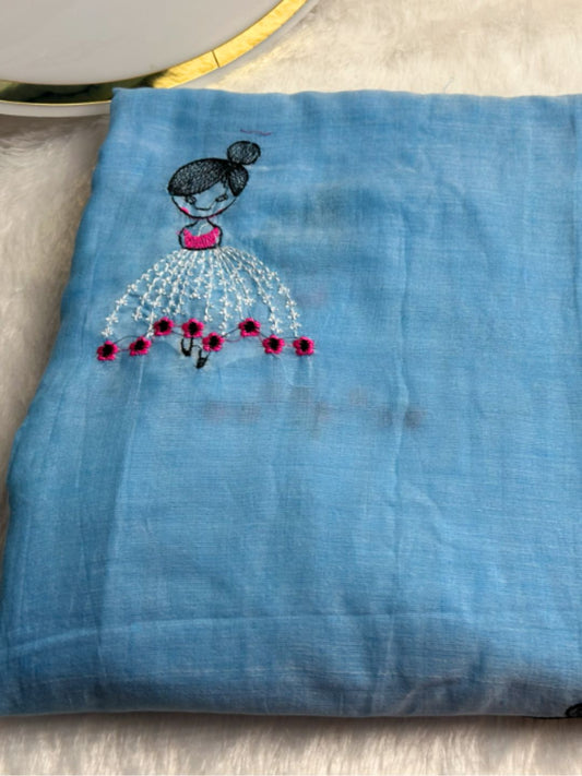 Powder blue mul cotton saree with hand-embroidered doll motif | Saviias Studioz