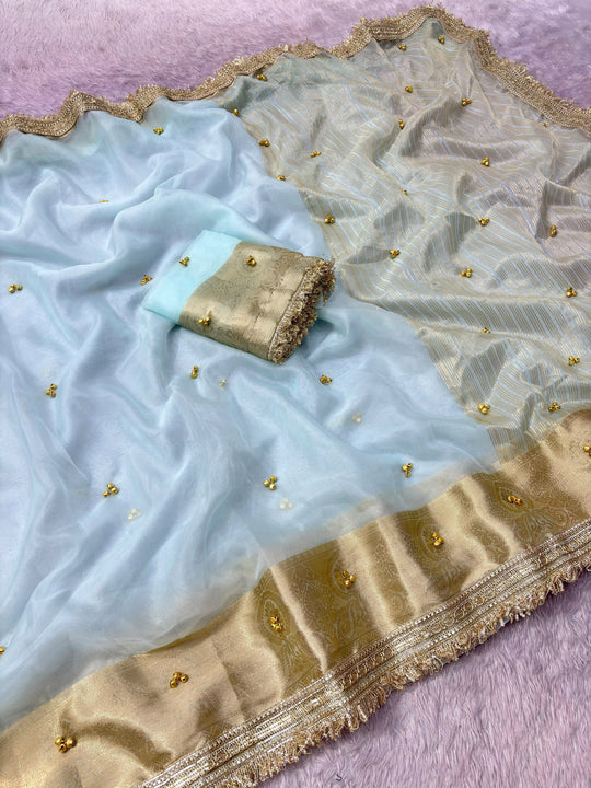 Organza Ghungroo Saree – Ice Blue with Banarasi Border