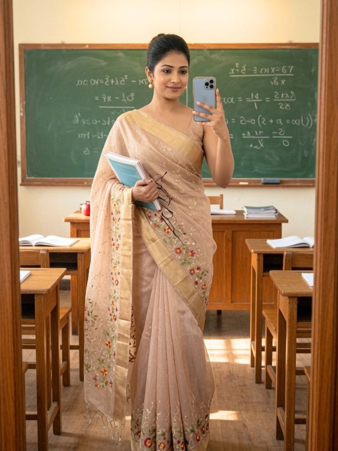 Pastel Pink Floral Embroidered Kota Doria Saree with Zari Border
