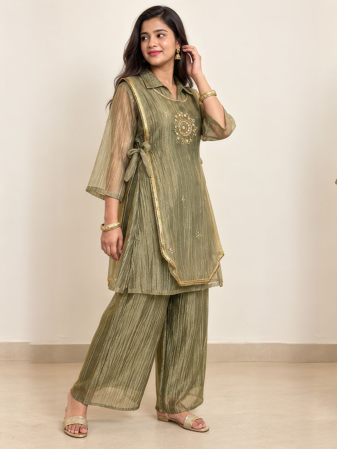 Olive green tissue crush kurta palazzo set with gota jacket overlay – work detail | Saviias Studioz