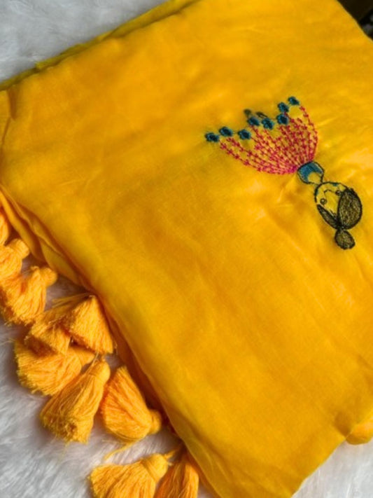 Mustard yellow mul cotton saree with hand-embroidered doll motif | Saviias Studioz
