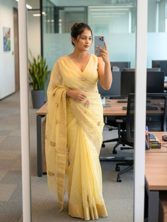 Lemon Yellow Floral Embroidered Kota Doria Saree with Zari Border