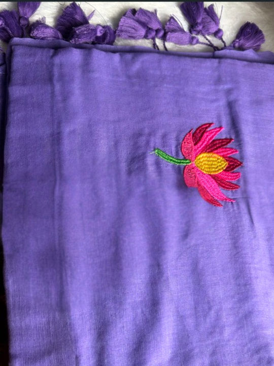 Lavender Mul Cotton Saree with Lotus Embroidery