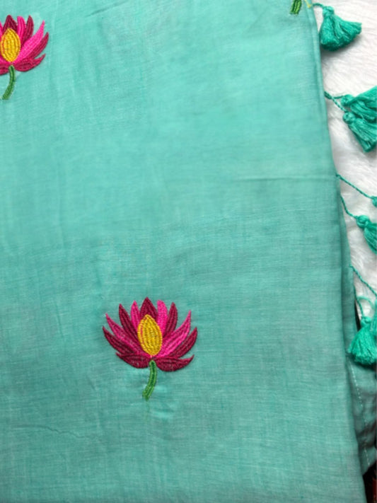 Aqua green mul cotton saree with embroidered lotus motifs | Saviias Studioz