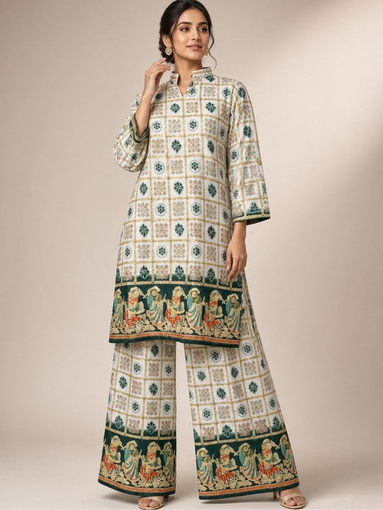 White & Bottle Green Printed Kurta Palazzo Set with Folk Art Border