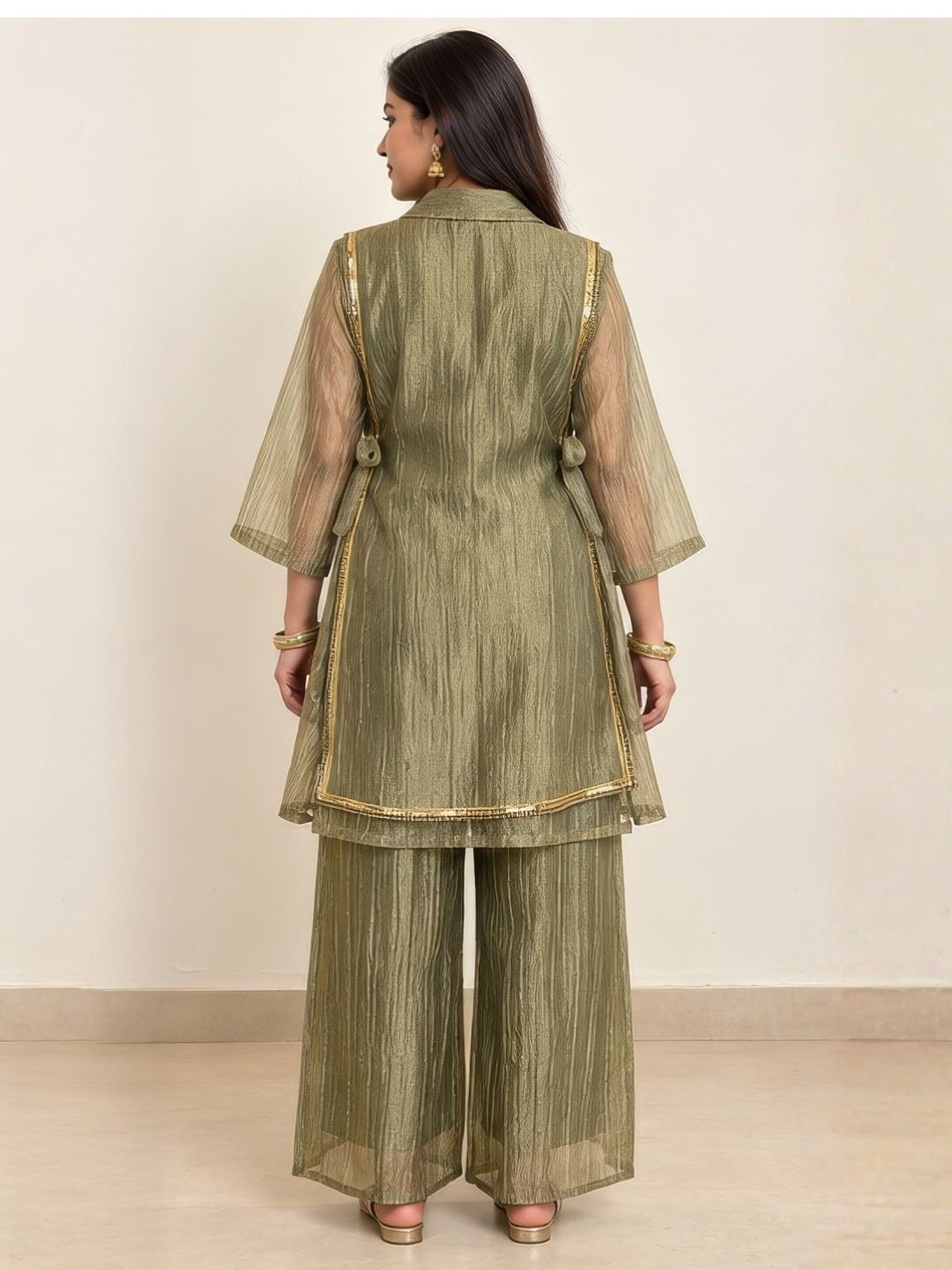 Olive green tissue crush kurta palazzo set with gota jacket overlay – full length look | Saviias Studioz
