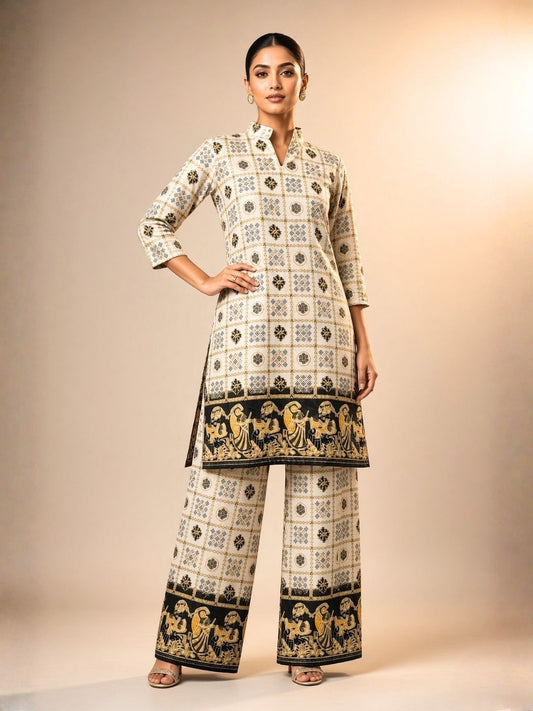 White & Black Printed Kurta Palazzo Set with Folk Art Border
