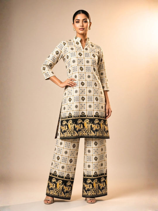White & Black Printed Kurta Palazzo Set with Folk Art Border