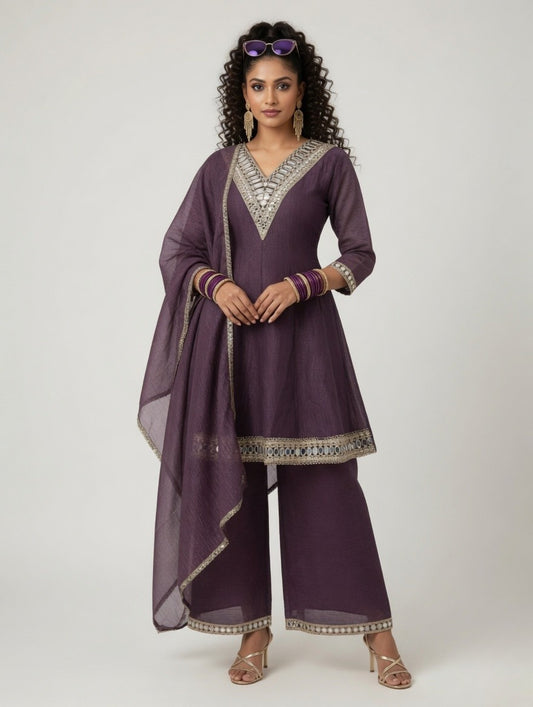 Dark Violet-Mirror Work Kurta Palazzo Set