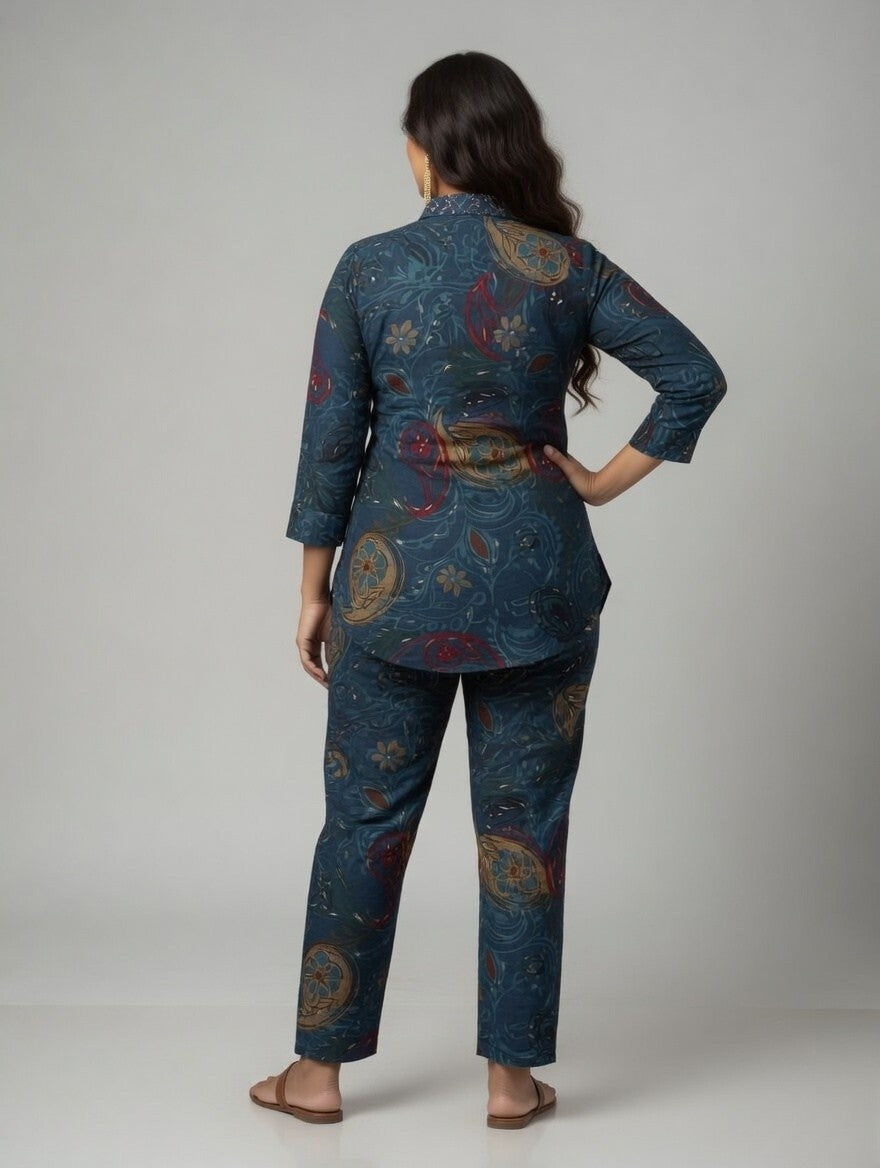 Mirror Embellished Co-Ord Set – Floral Printed Kurta with Pants