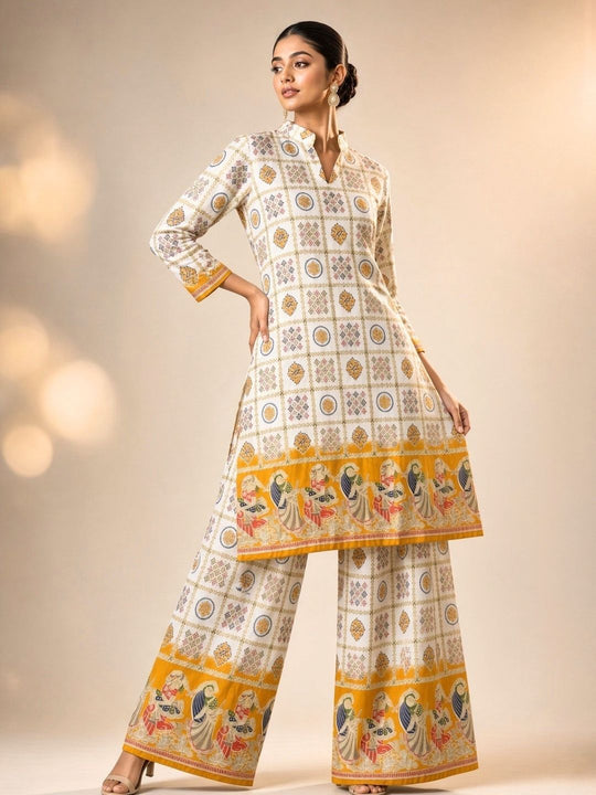 White & Mustard Yellow Printed Kurta Palazzo Set with Folk Art Border