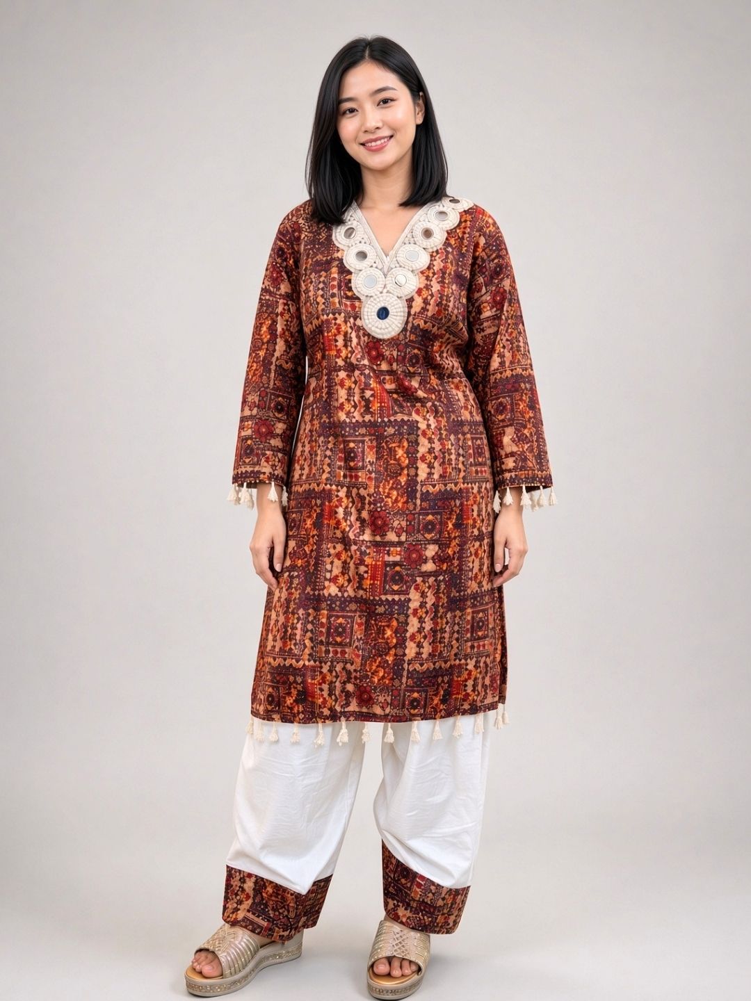 Rani pink printed kurta with white farshi salwar, festive Diwali look | Saviias Studioz
