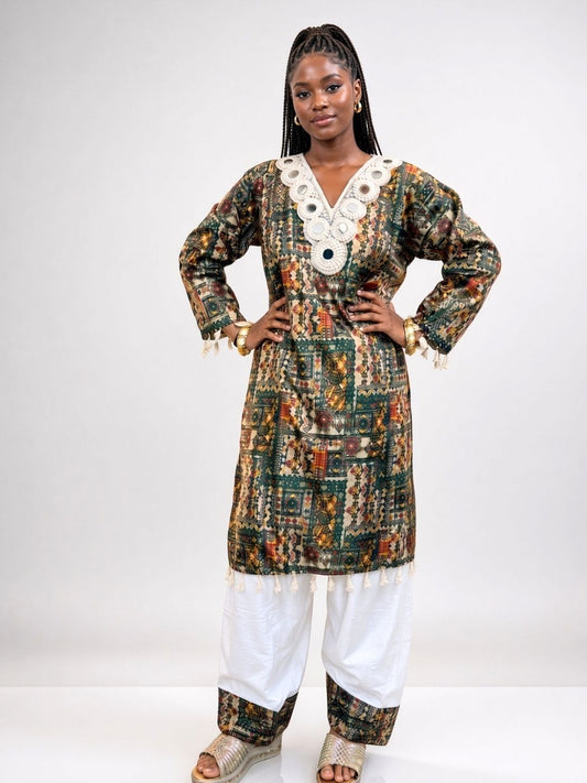 Bottle green printed kurta with white farshi salwar, festive Diwali look | Saviias Studioz