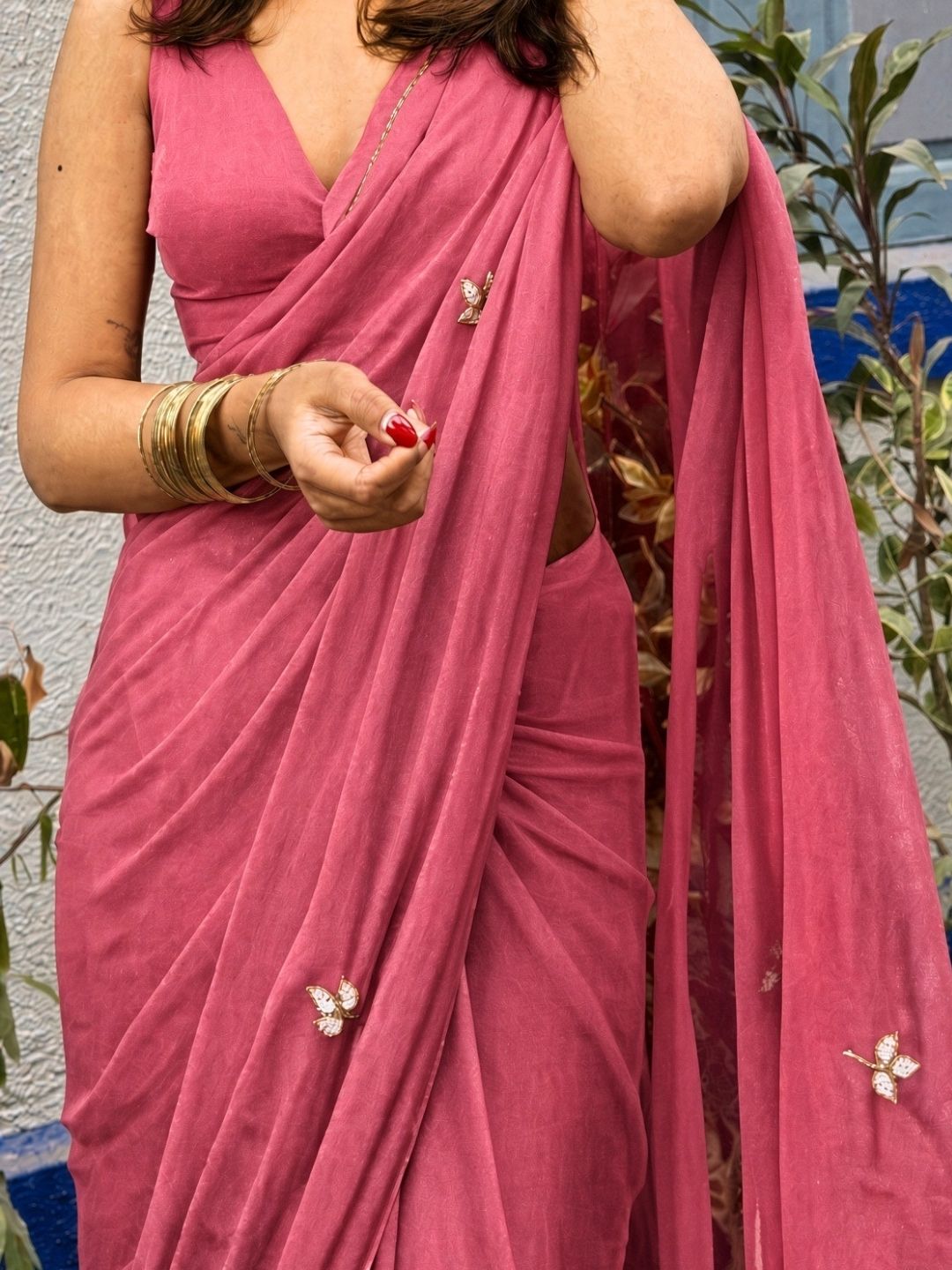 Rose pink chiffon saree with embellished butterfly motifs