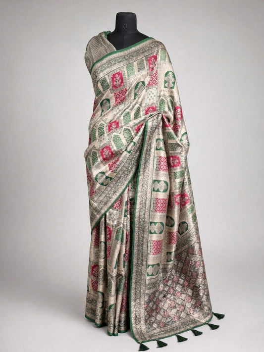 Sage green and rani pink Banarasi silk saree with meenakari panel weave