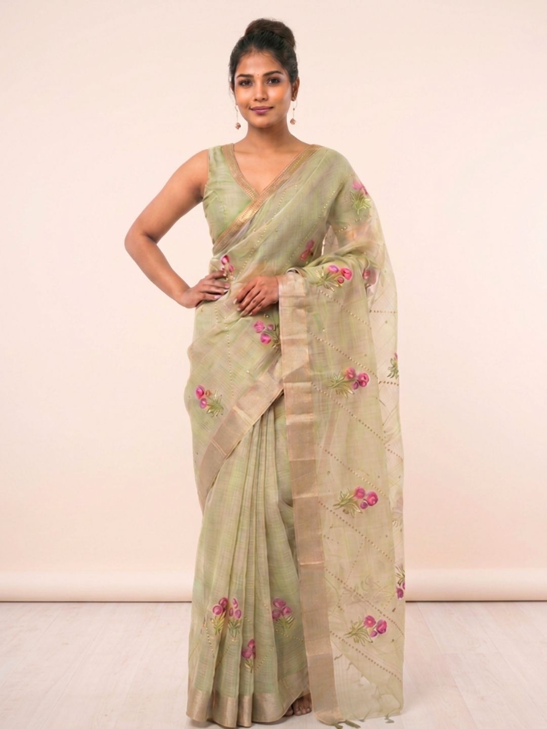 Pista Green Floral Embroidered Kota Doria Saree with Zari Border