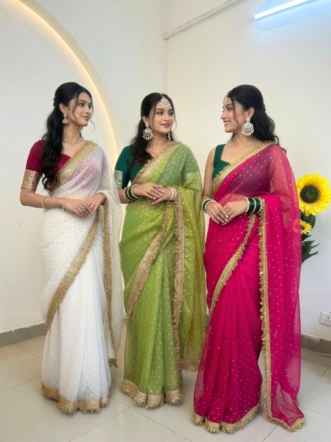 Organza all over butti work & lace saree- White with contrast blouse
