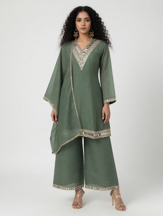 Sage Green- Mirror Work Kurta Palazzo Set