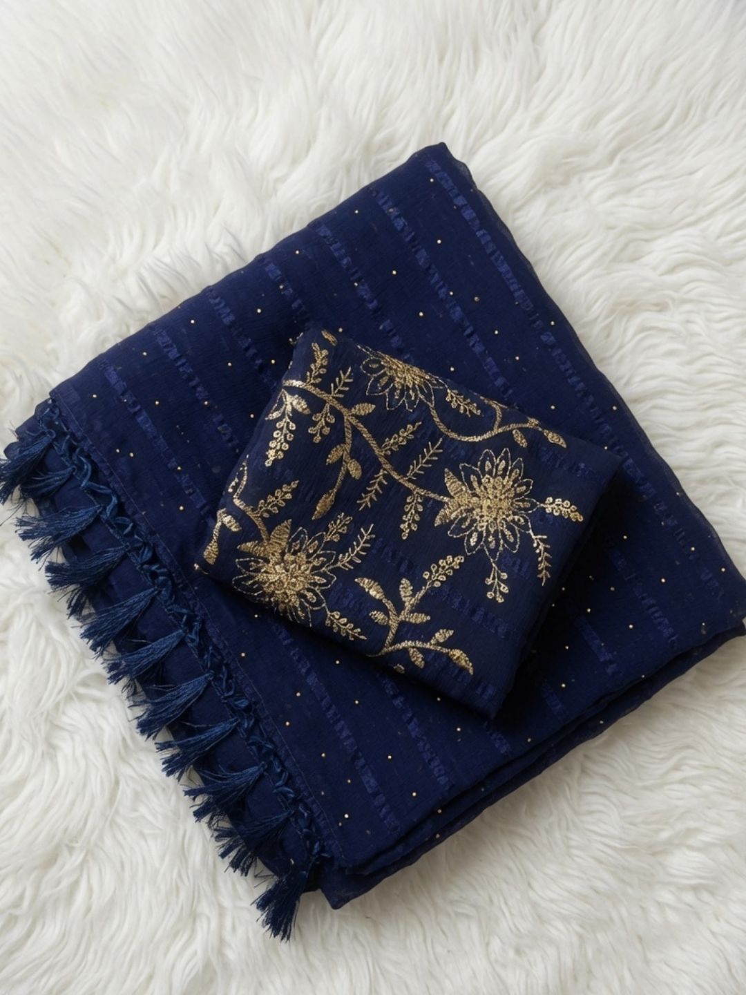 Midnight Blue Chiffon Saree with golden Dot Embellishments & Tassel Pallu
