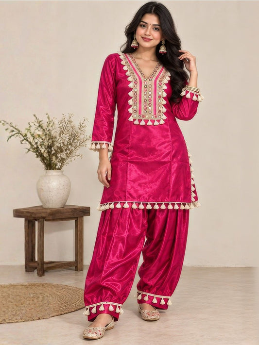 Rani pink farshi salwar suit with mirror work and tassels | Saviias Studioz