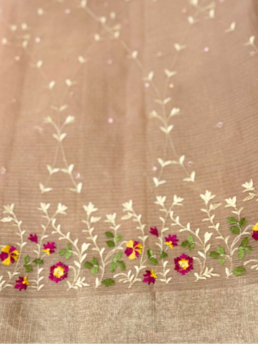 Pastel Pink Floral Embroidered Kota Doria Saree with Zari Border