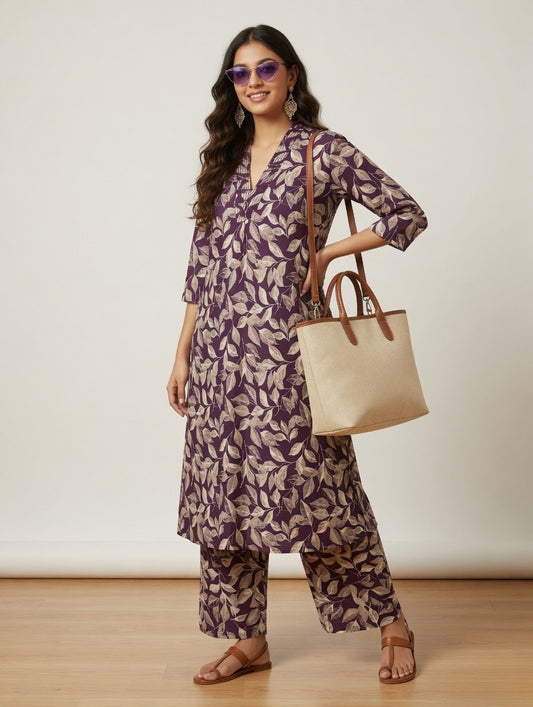 Purple & Beige Leaf Printed Co-Ord Set | V-Neck Kurta with Matching Pants for Women