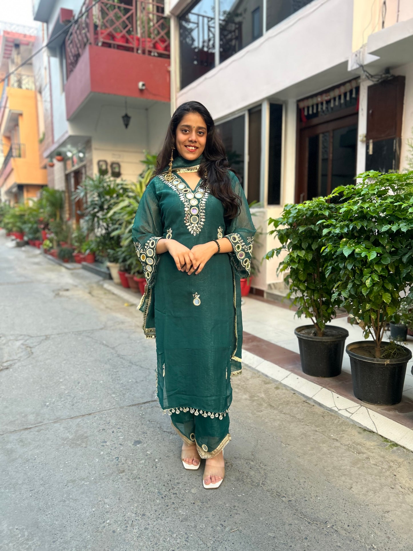 Teal Mirror work kurta set