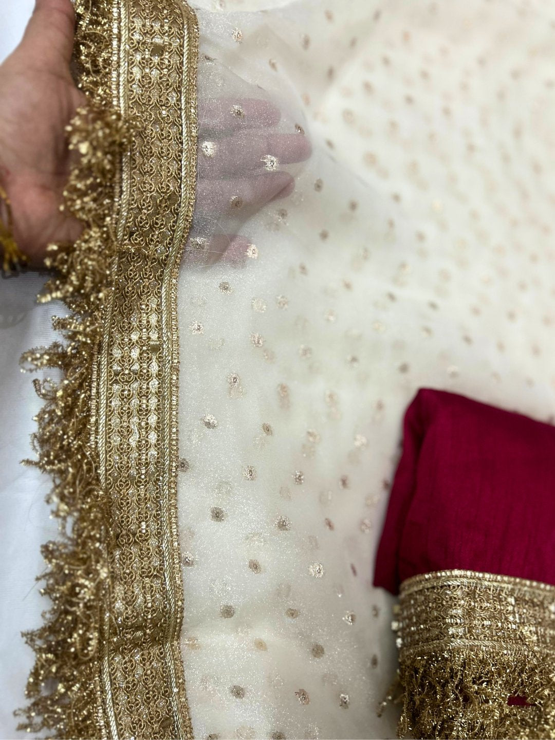Organza all over butti work & lace saree- White with contrast blouse