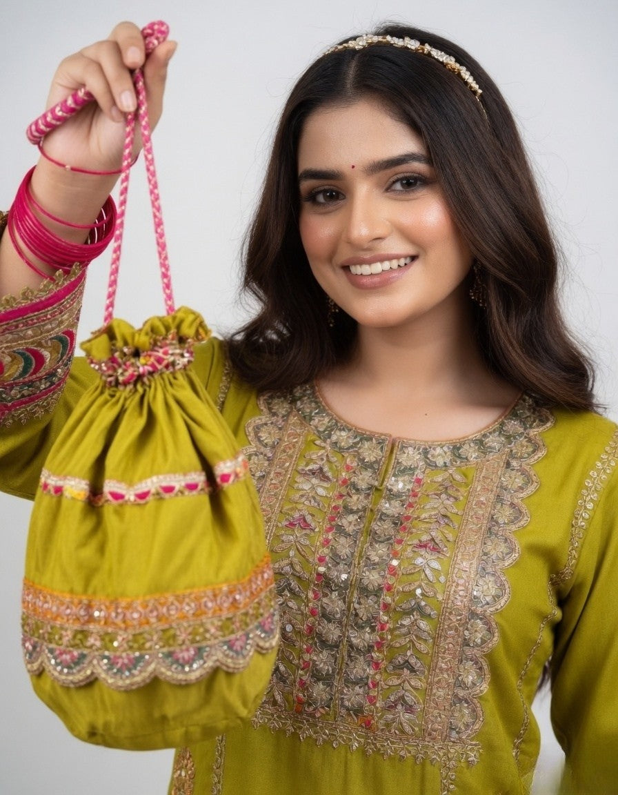Mehndi color- Gotta patti set with Potli Bag