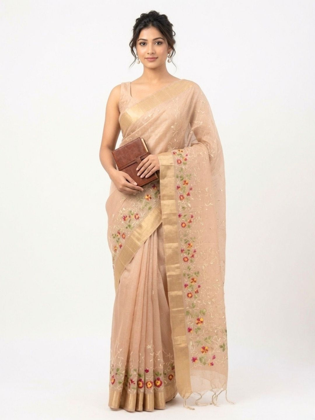 Pastel Pink Floral Embroidered Kota Doria Saree with Zari Border