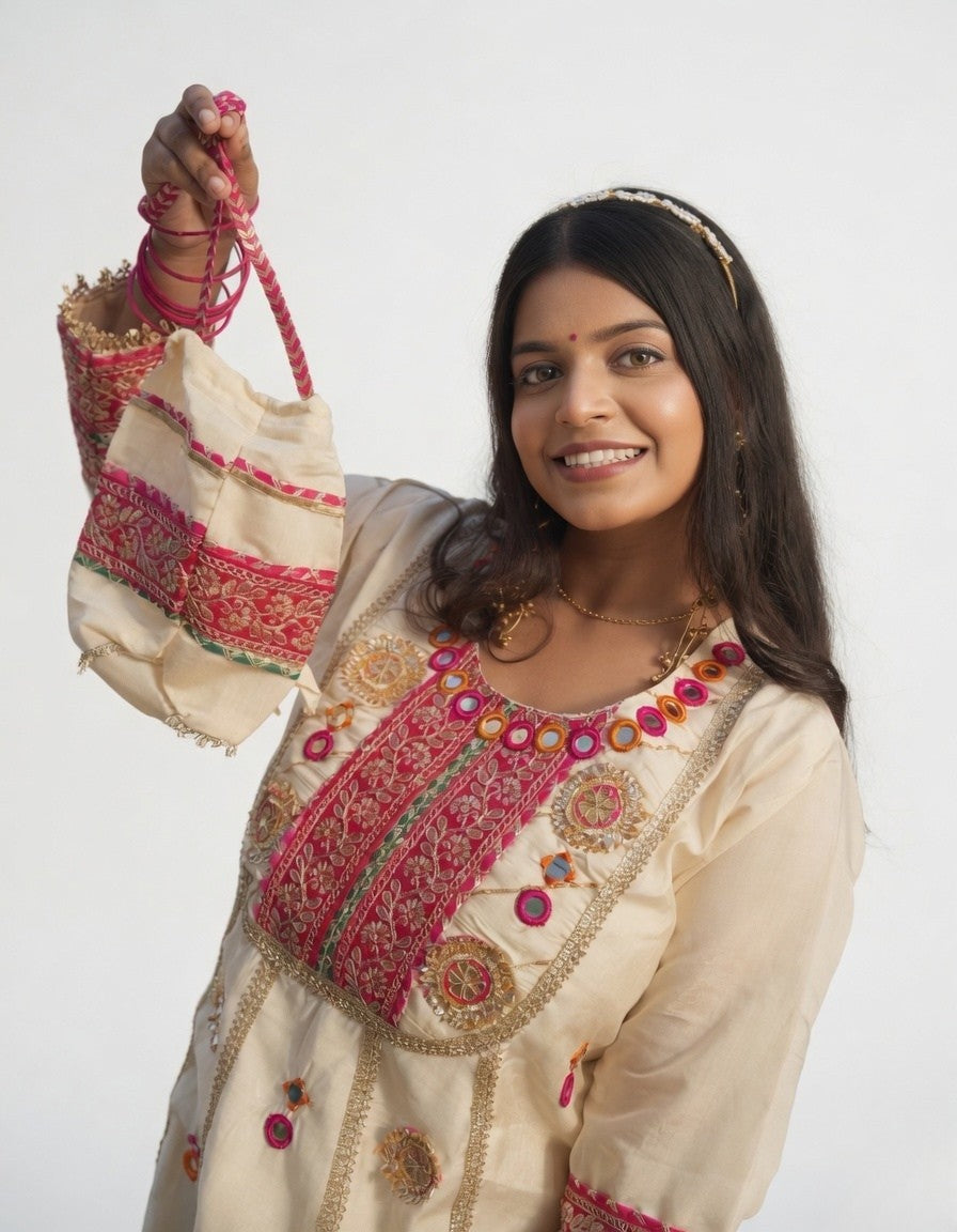 Gota Patti embroidered kurta set with Potli bag
