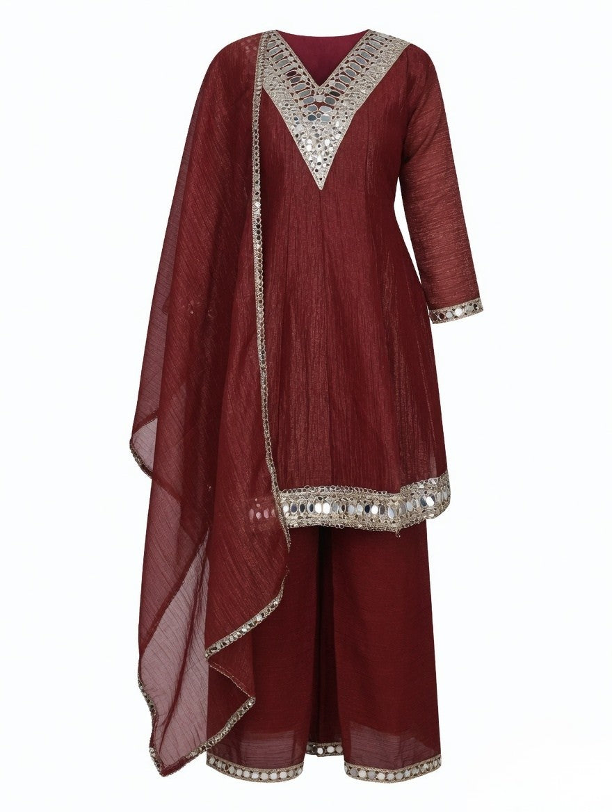 Dark Maroon-Mirror Work Kurta Palazzo Set