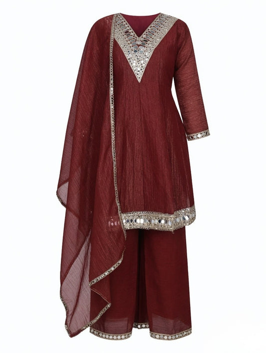 Dark Maroon-Mirror Work Kurta Palazzo Set