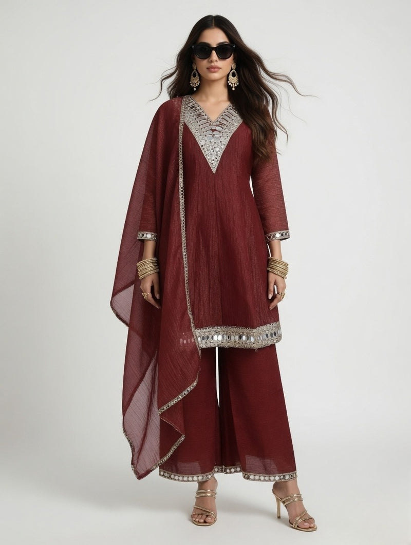 Dark Maroon-Mirror Work Kurta Palazzo Set, co-ord set India, front view