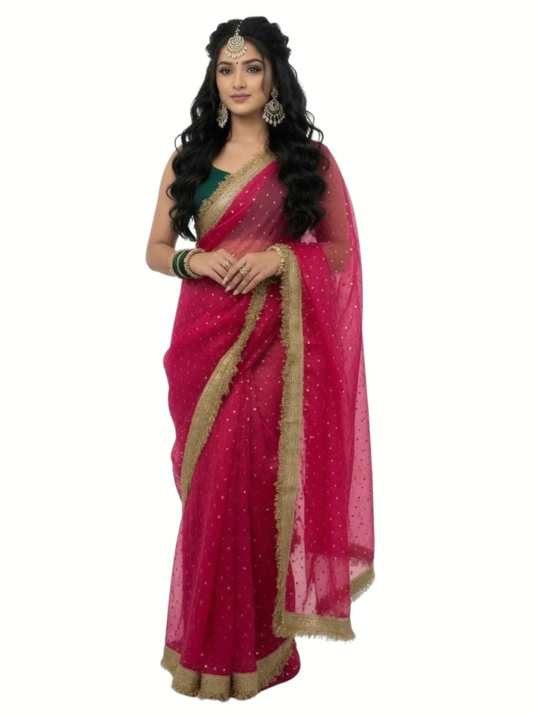 Organza all over butti work & lace saree- Rani Pink with contrast blouse