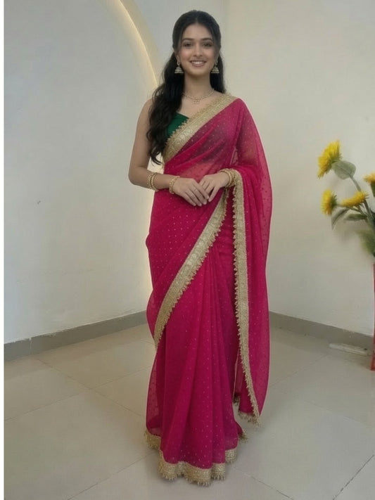 Organza all over butti work & lace saree- Rani Pink with contrast blouse