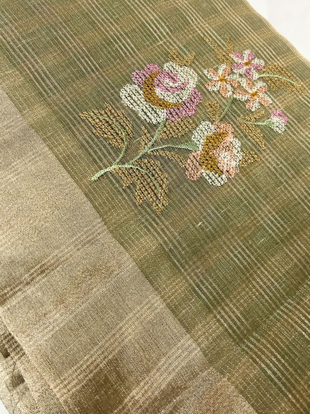 Mehndi Green Floral Embroidered Kota Doria Saree with Zari Border