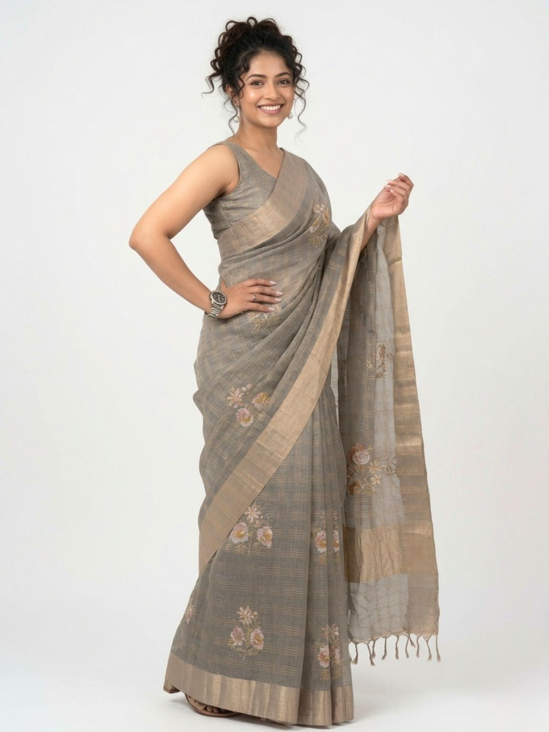 Grey Floral Embroidered Kota Doria Saree with Zari Border