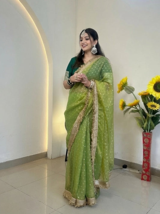 Organza all over butti work & lace saree- Parrot Green color