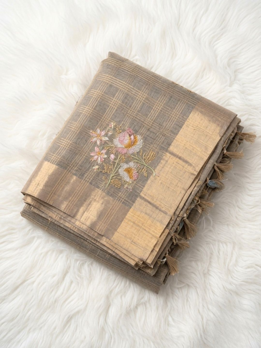 Grey Floral Embroidered Kota Doria Saree with Zari Border