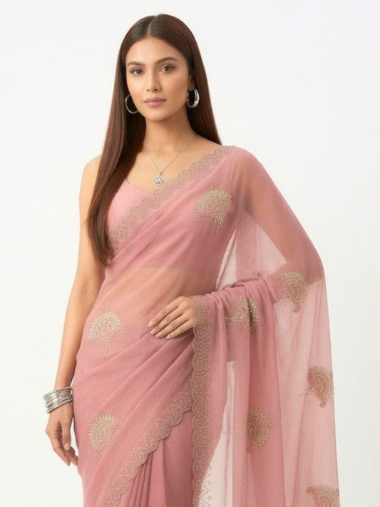 Blush Pink Chiffon Saree with Floral Buta Work & Stone-Embellished Border