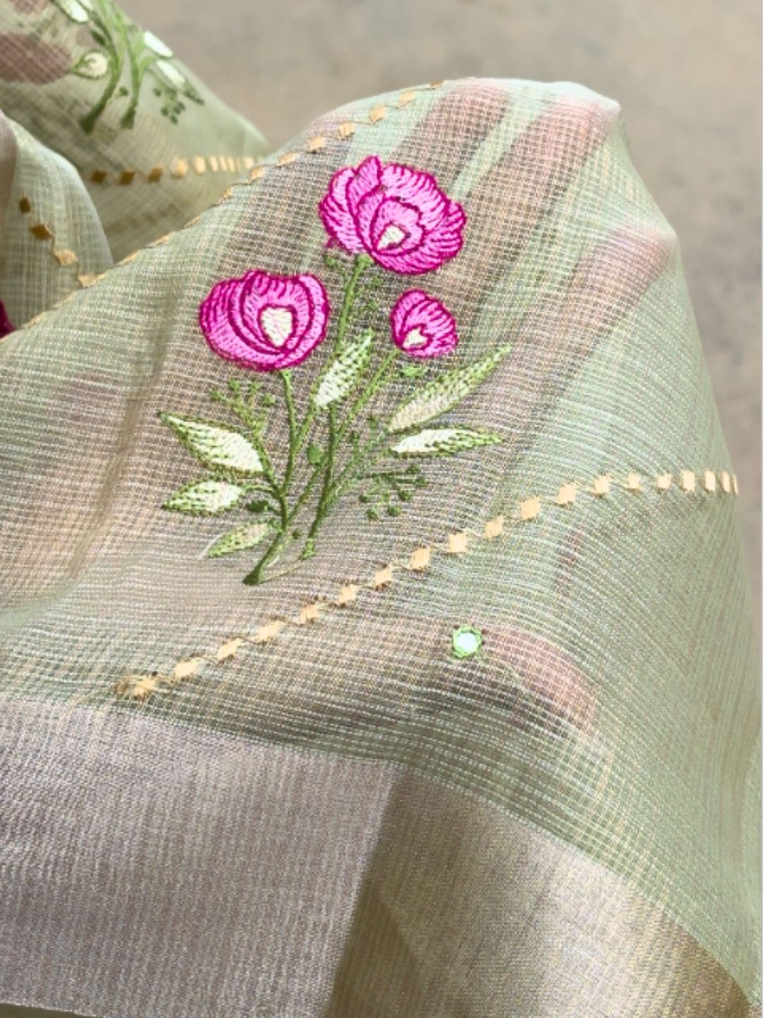 Pista Green Floral Embroidered Kota Doria Saree with Zari Border
