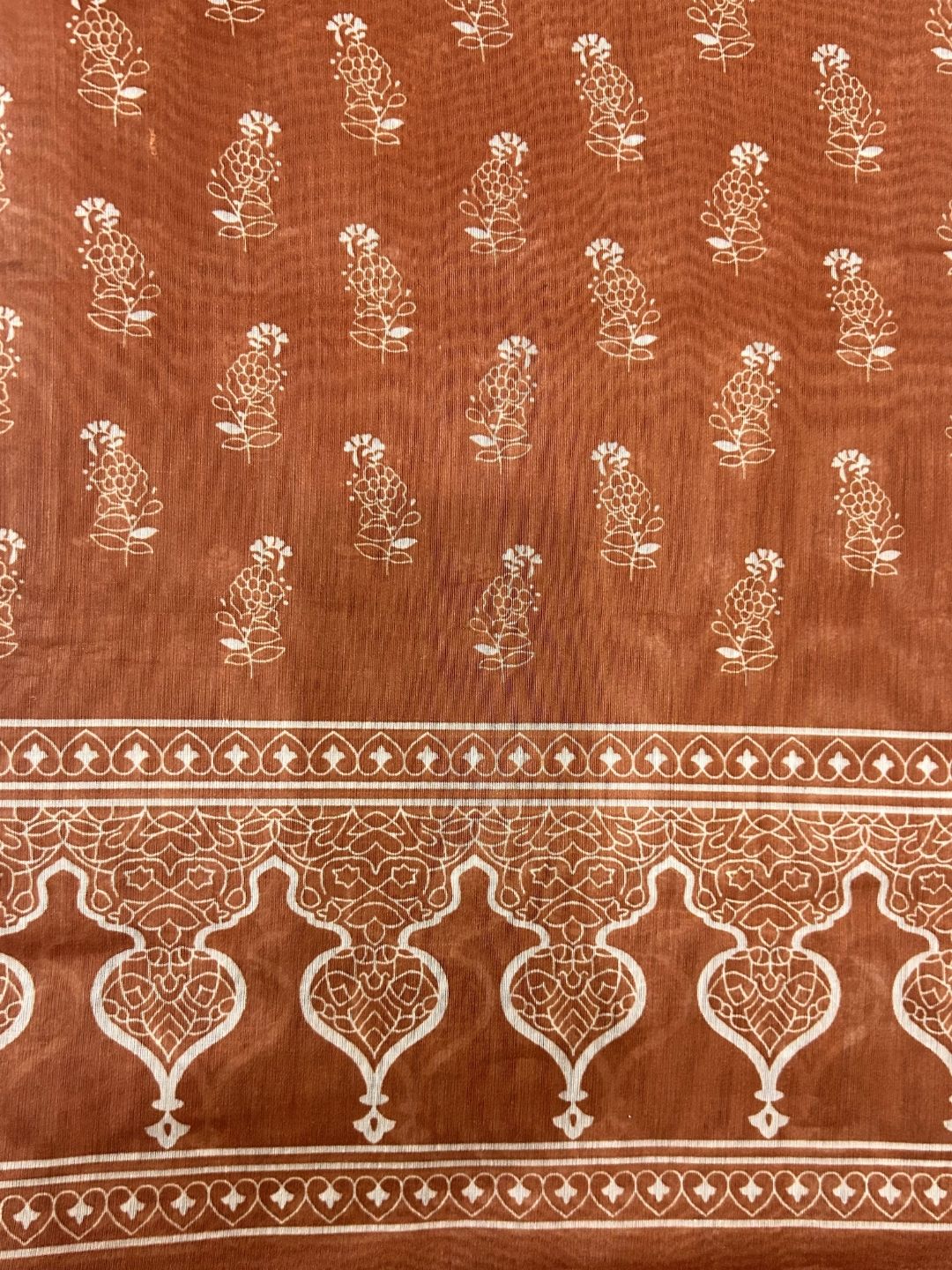 Rust Brown Chanderi Cotton Saree with Hand Block Print & Woven Border