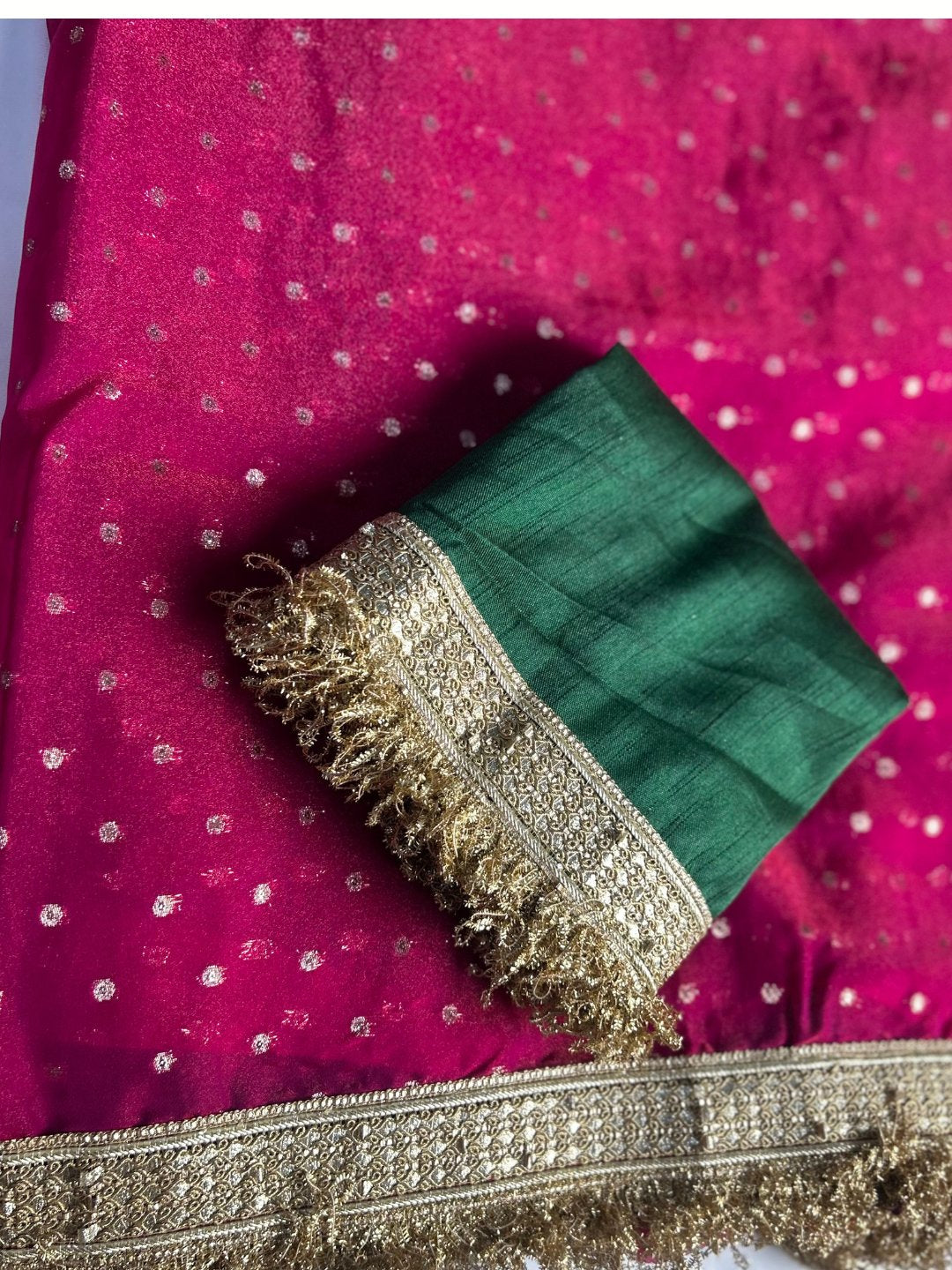 Organza all over butti work & lace saree- Rani Pink with contrast blouse