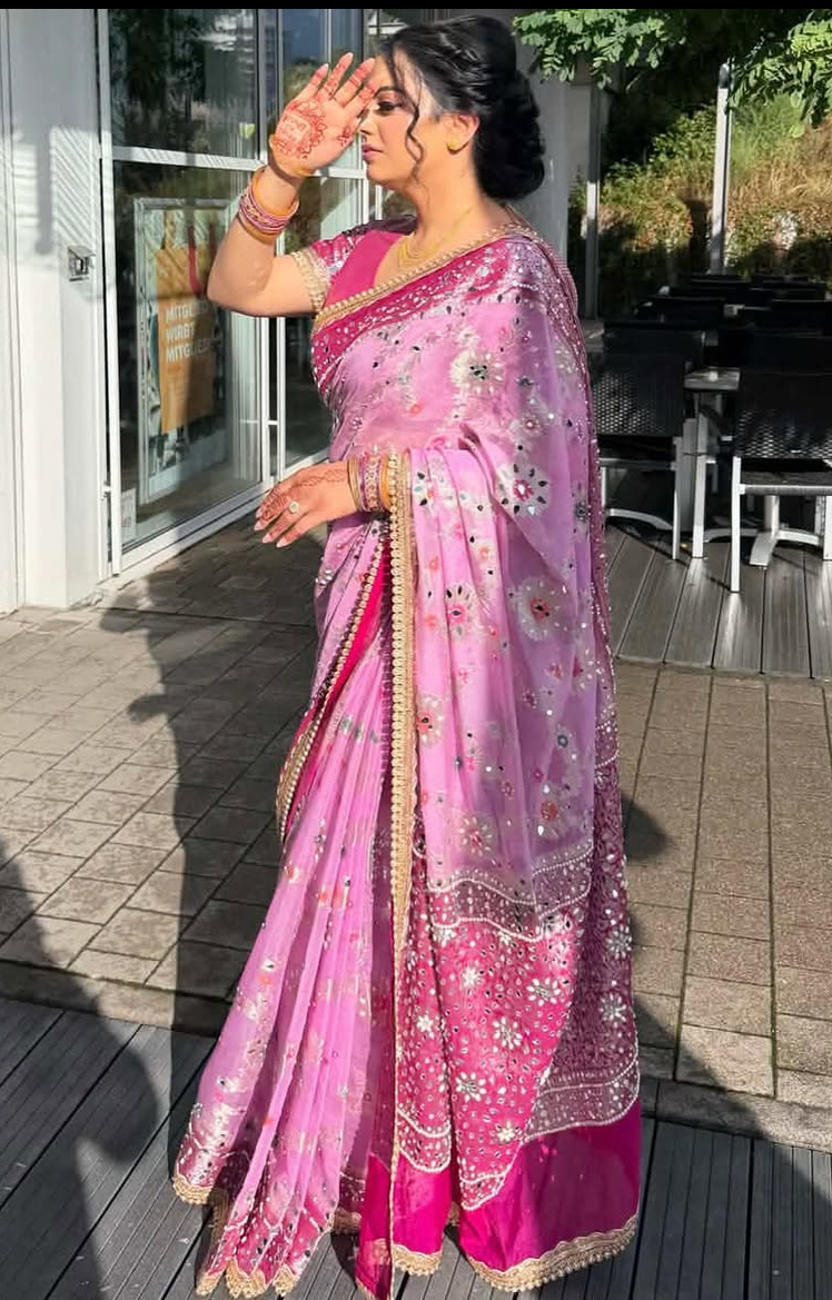 Mauve Gulbahaar Banarasi saree with stone and mirror work, draped view