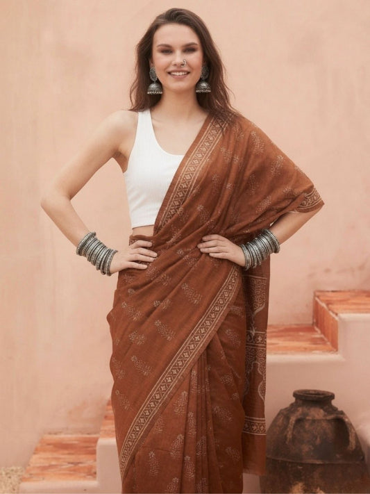 Rust Brown Chanderi Cotton Saree with Hand Block Print & Woven Border