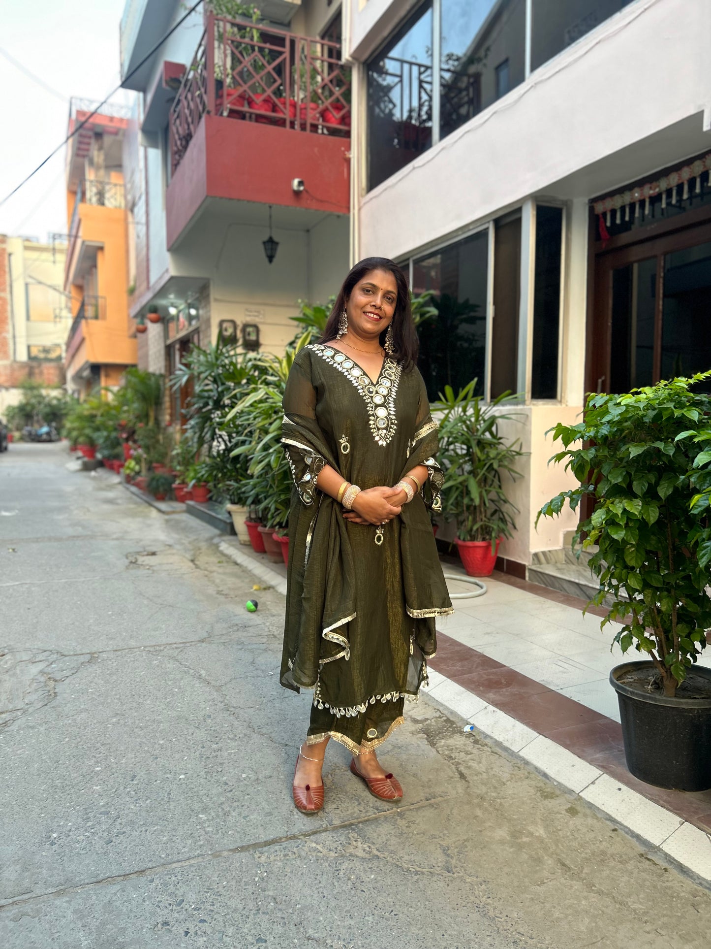 Olive Green Mirror work kurta set