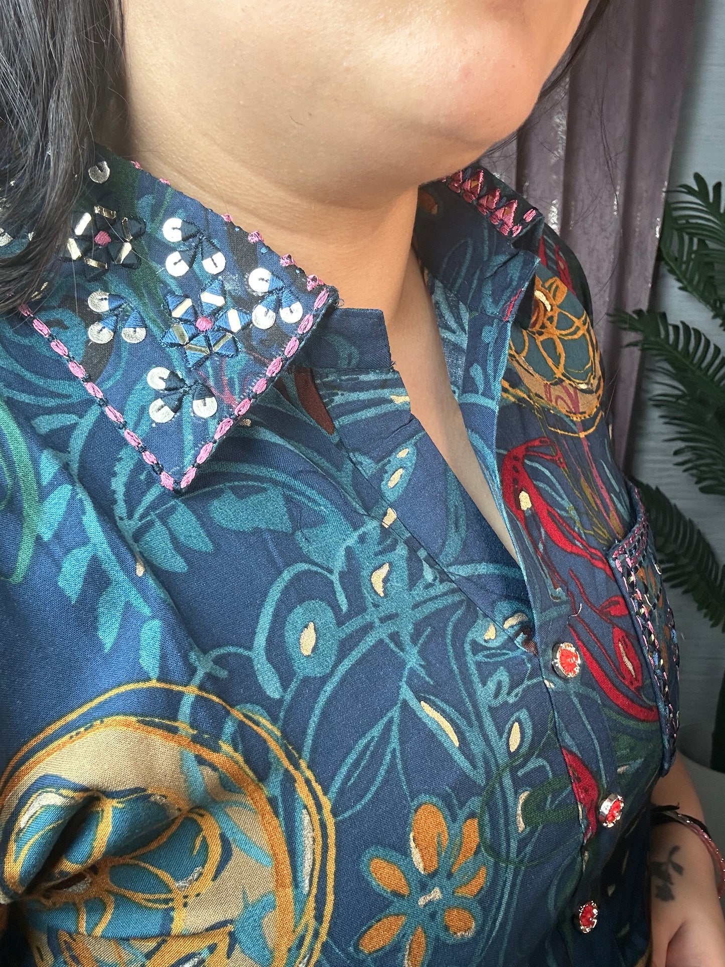 Mirror Embellished Co-Ord Set – Floral Printed Kurta with Pants