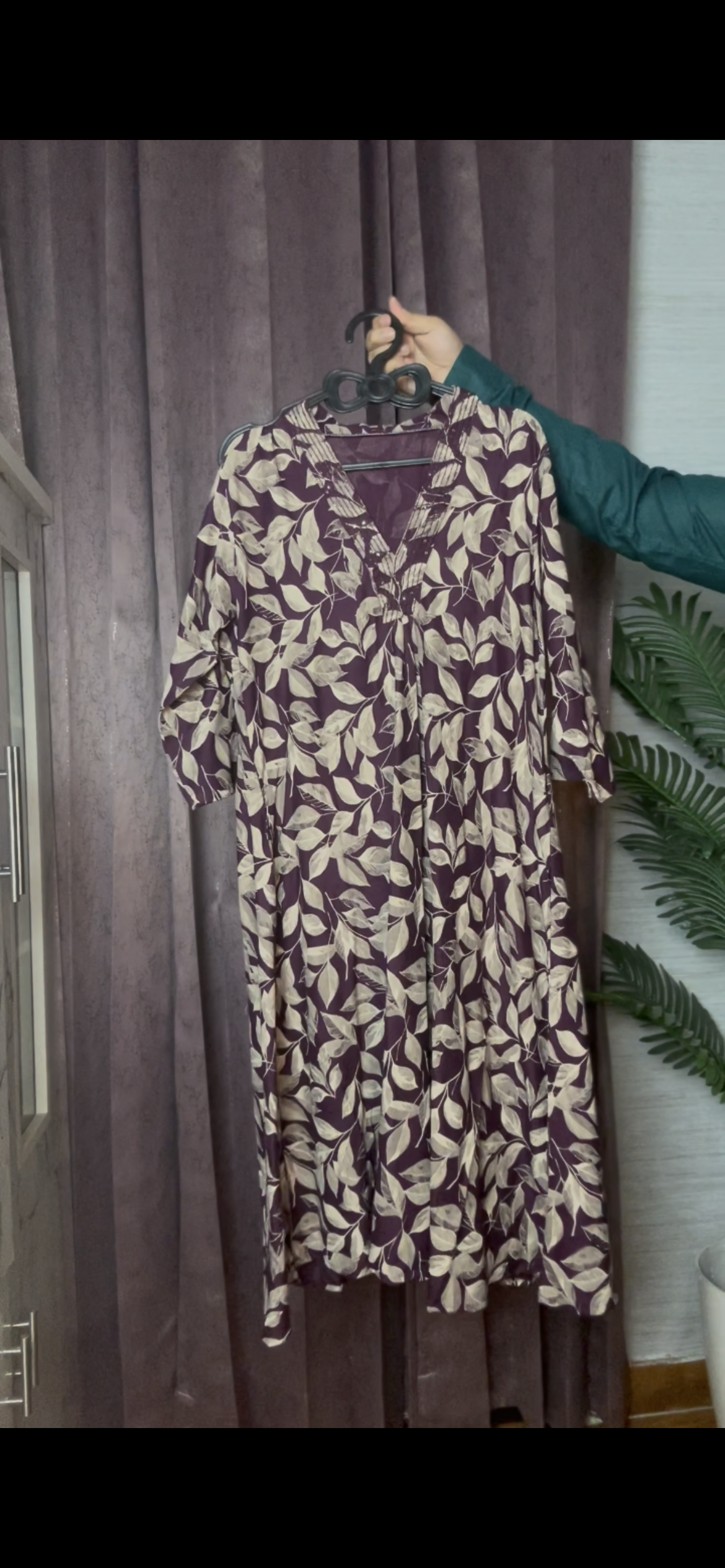 Purple & Beige Leaf Printed Co-Ord Set | V-Neck Kurta with Matching Pants for Women